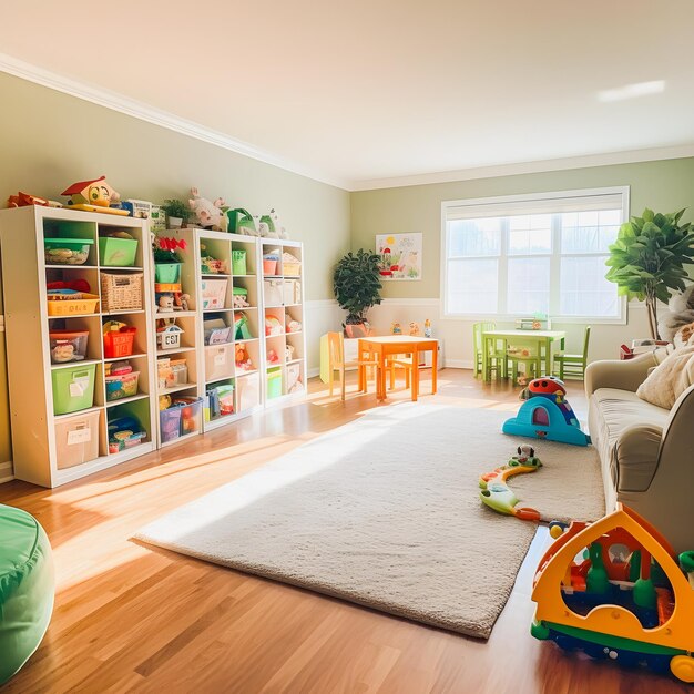 Foto ambiente tranquilo capturado sala de juegos limpia y organizada por expertos en limpieza del hogar