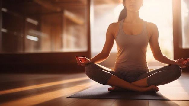 En el ambiente tranquilo del espacio de yoga del gimnasio, una mujer mantiene una postura compleja con gracia y facilidad que encarna la tranquilidad.