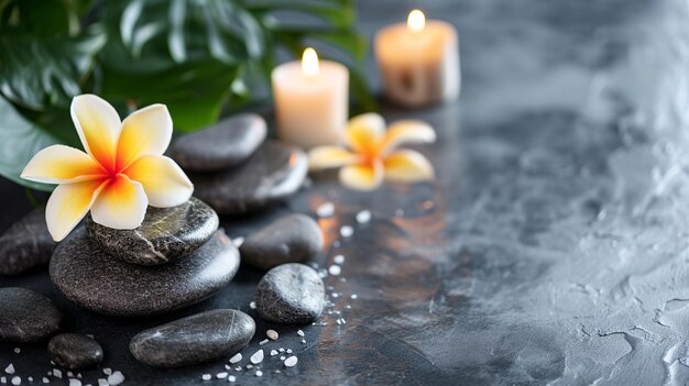 Un ambiente tranquilo de spa con piedras de masaje, jabones y velas
