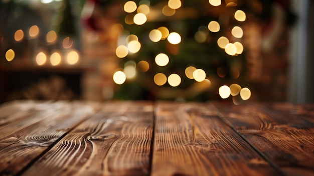Ambiente de vacaciones de invierno con mesa de madera árbol de Navidad borroso y chimenea acogedora