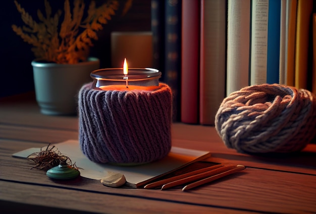 El ambiente de las vacaciones de invierno con velas, un jersey de punto y un libro. IA generativa