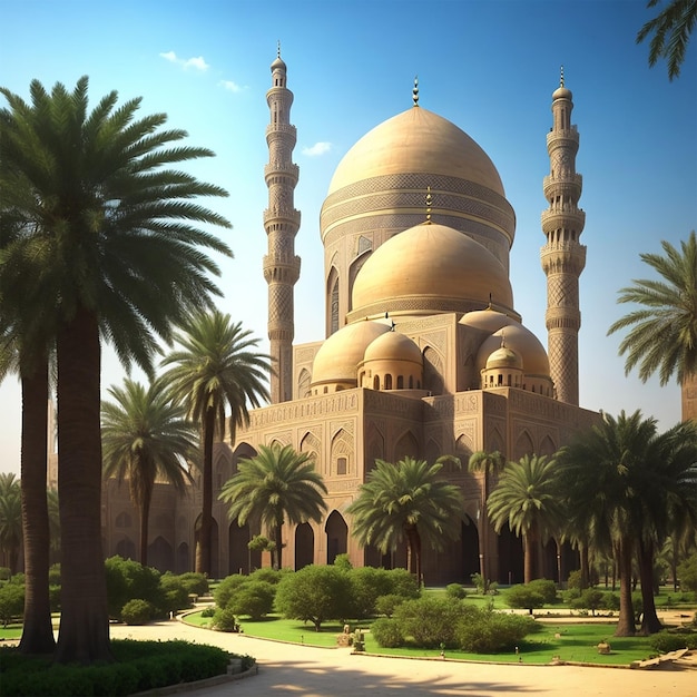 Ambiente verde da antiga mesquita de arquitetura islâmica