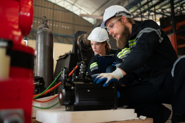 Ambos ingenieros están instalando un pequeño brazo robótico que está siendo instalado para pruebas