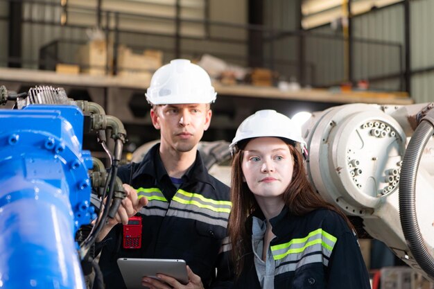 Ambos ingenieros trabajan juntos en una fábrica de brazos robóticos Industria e ingeniería de brazos robóticos