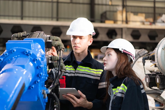 Ambos ingenieros trabajan juntos en una fábrica de brazos robóticos Industria e ingeniería de brazos robóticos