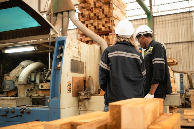 Foto ambos trabajadores trabajan en una fábrica de carpintería trabajando con máquinas de aserrar y cortar madera.