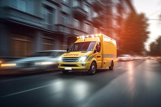 Ambulância acelerando em uma rua urbana em resposta a uma emergência