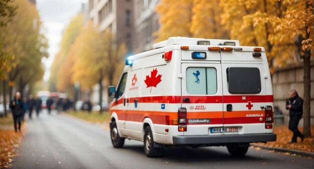 Foto una ambulancia está corriendo en el medio de la ciudad generativa ai