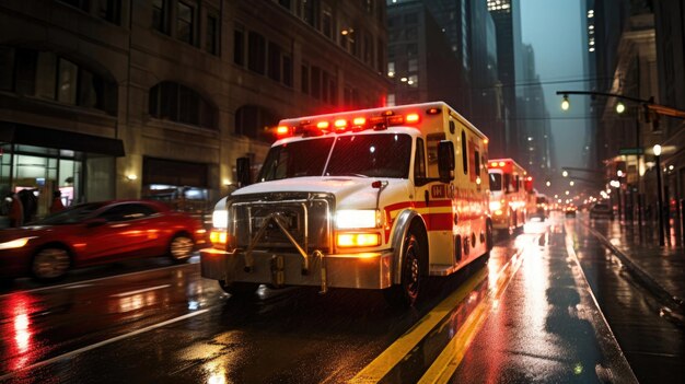 Ambulancia navegando por la ciudad lluviosa