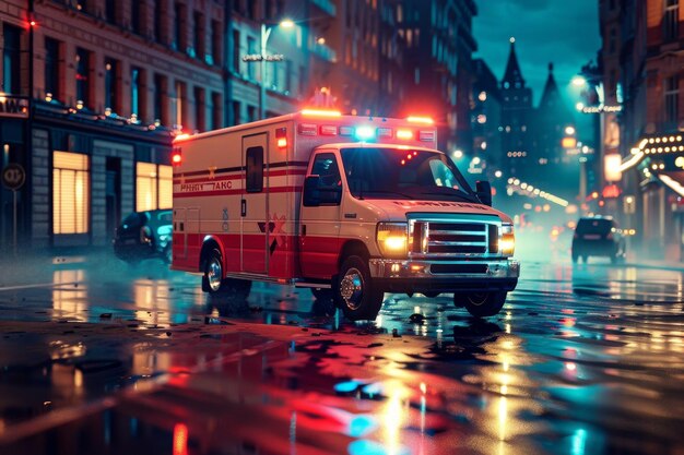 Una ambulancia responde a una llamada en la ciudad por la noche AI generativa