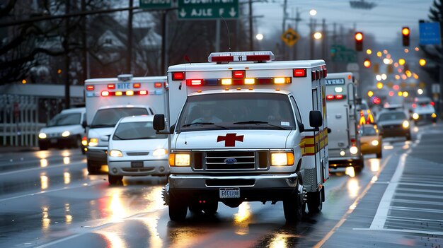 Las ambulancias con luces intermitentes y sirenas sonando corren por las calles de la ciudad en respuesta a una emergencia