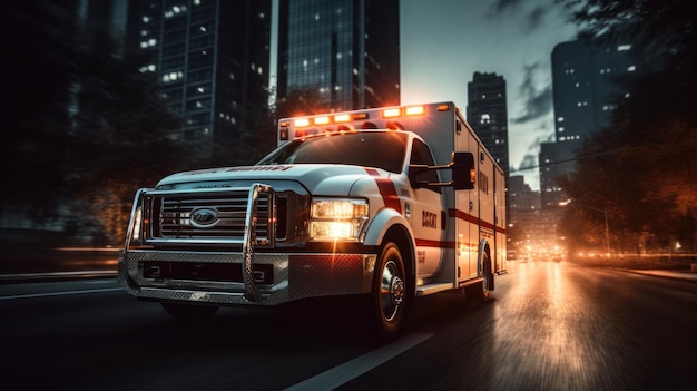 Ambulanza de emergencia médica conduciendo a las luces rojas a través de la ciudad en la carretera durante el día