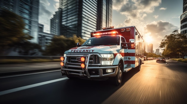 Ambulanza de emergencia médica conduciendo a las luces rojas a través de la ciudad en la carretera durante el día