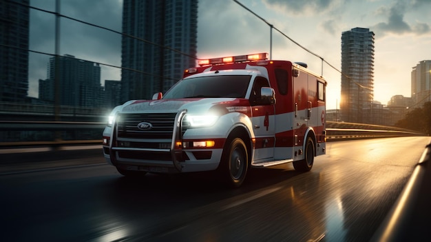 Ambulanza de emergencia médica conduciendo a las luces rojas a través de la ciudad en la carretera durante el día
