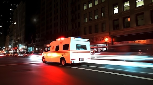 Foto ambulanza de emergencia moviéndose rápidamente en la noche ciudad americana distrito del centro con movimiento borroso red neuronal generado arte