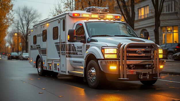 Ambulanza con lámpara de sirena en la ciudad central por la noche