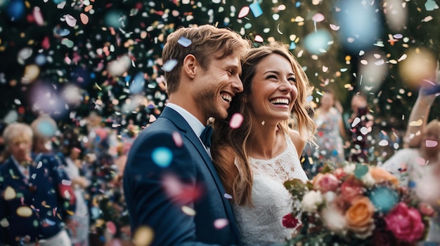 Ame confete e casamento com casal e sorria para festa de comemoração e salve o evento de data