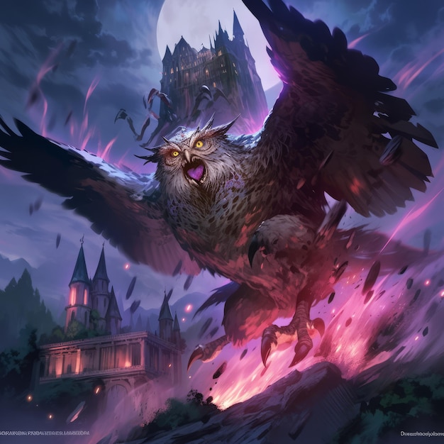 Foto ameaça da coruja phyrexian uma espetacular obra-prima de estilo animado pintura de uma magia mística grimdark como