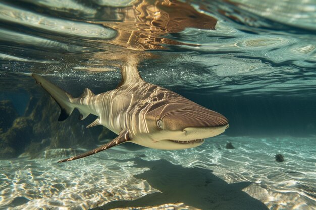 Foto ameaçador grande tubarão debaixo d'água ensolarado gerar ai