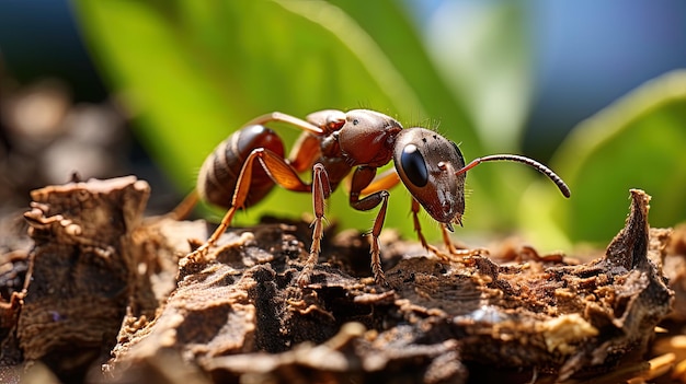 Ameise auf dem Boden Ameisen und junge Pflanzen im Garten Makro Tiefenspiegel