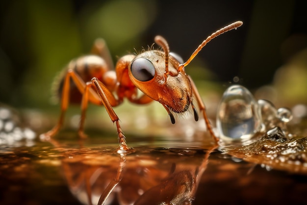 Ameise mit Wassertropfen Nahaufnahme Makrofoto Ameise in der Natur Generative KI