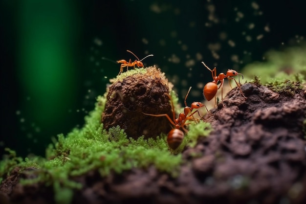 Ameisen-Makrobild, das ein Haus baut und Blätter trägt Generative KI-Illustration