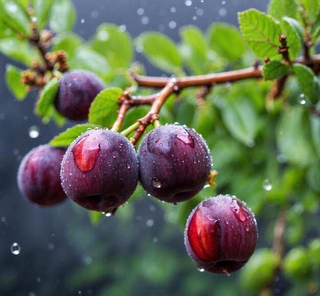 Ameixa vermelha madura em um ramo com gotas de água depois de uma chuva