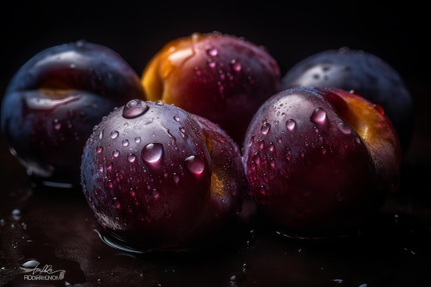 Ameixas em um fundo preto com gotas de água