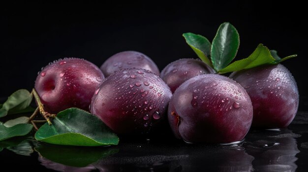 Ameixas em uma mesa preta com folhas verdes