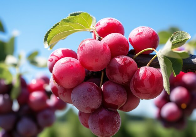 Ameixas maduras e suculentas penduradas em árvores com céu azul Alimentos saudáveis gerados pela IA