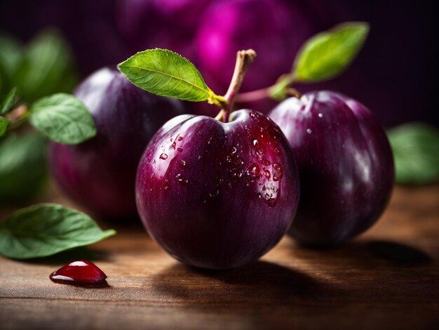 ameixas numa mesa de madeira com folhas e um fundo roxo.