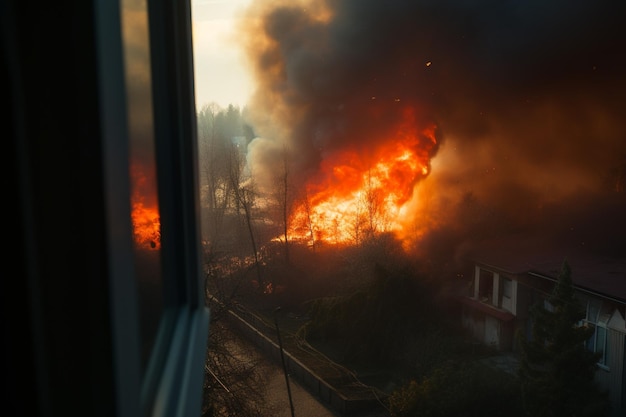 Foto amenaza urbana de incendios forestales peligrosamente cerca de las casas residenciales visibles desde los apartamentos