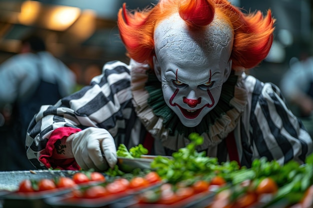 Foto amenazador payaso con cabello rojo brillante y maquillaje espeluznante cortando cuidadosamente tomates en una cocina débilmente iluminada añadiendo un elemento extraño y espelozador al proceso de cocción