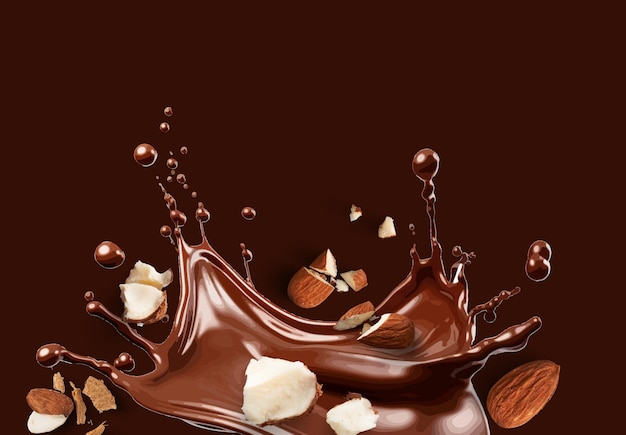Amêndoas artisticamente dispostas com salpicos de chocolate criando uma exibição visual dinâmica e elegante perfeita para capturar a beleza desta deliciosa combinação