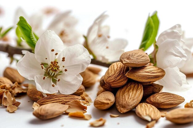 Foto amêndoas e flores de amêndoa em uma superfície branca