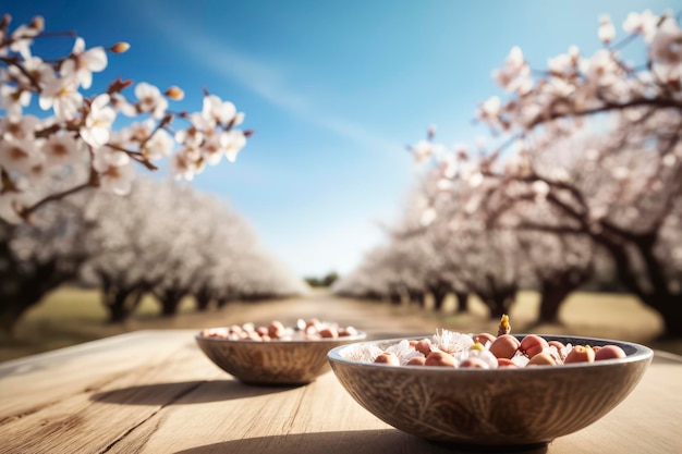 Amêndoas em flor Amendoeiras exuberantes com flores e frutas adornam uma mesa de madeira rústica