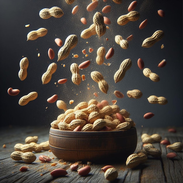 Amendoins voadores em uma tigela de madeira em um fundo de madeira rústica