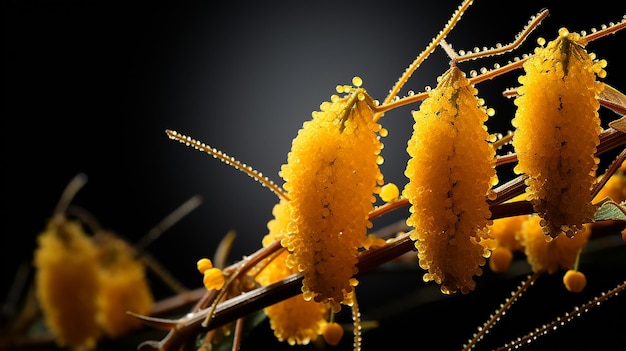 Amentos de iluminación de la naturaleza, polen y flores amarillas en luz radiante