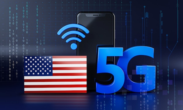 América pronta para o conceito de conexão 5G. Fundo de tecnologia de smartphone de renderização 3D