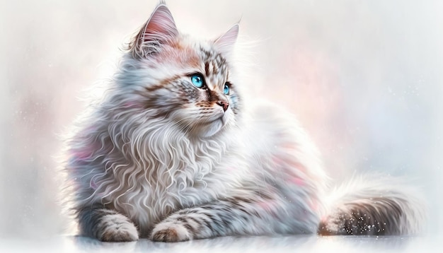 American Bobtail Cat Medium Shot White Pink And Blue And Magical And Fantasy Bokeh Generative AI