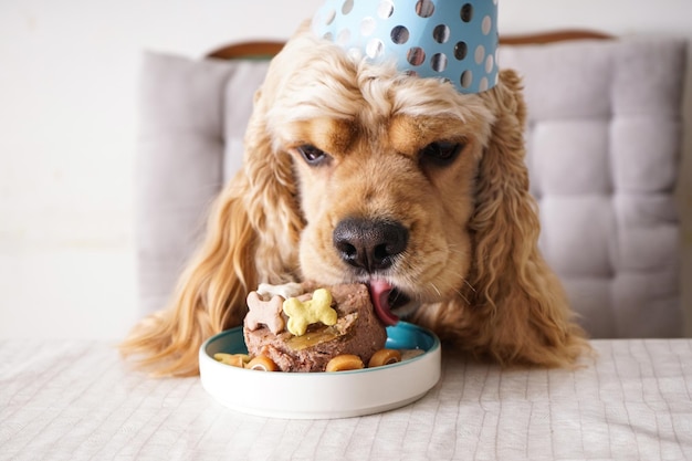 American Cocker Spaniel em uma mesa com festa de aniversário de cachorro closeup