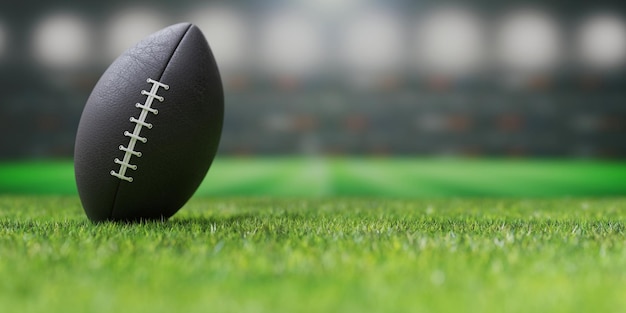 American-Football-Ball auf einer üppigen grünen Wiese Super Bowl 3D-Rendering