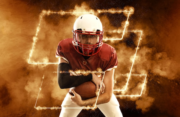 American-Football-Spieler-Banner mit gelben Neonlichtern Vorlage für Buchmacher-Anzeigen mit Kopierraum Mockup für Wettwerbung Sportwetten Fußballwetten Glücksspiel Buchmacher großer Gewinn