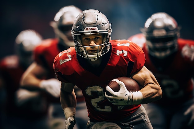 Foto american football-spieler in aktion auf einem dunklen hintergrund american football-konzept