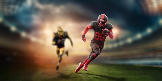 American-Football-Spieler in roter und schwarzer Uniform in laufender Pose vor Stadionhintergrund American-Football-Werbeplakat-Vorlage leer Sport 3D-Darstellung 3D-Rendering