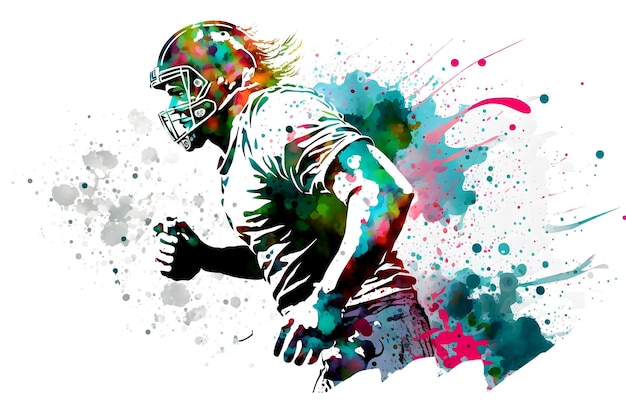 Foto american-football-spieler-mann mit mehrfarbigem farbspritzer isoliert auf weißem hintergrund. neuronales netzwerk erzeugte kunst