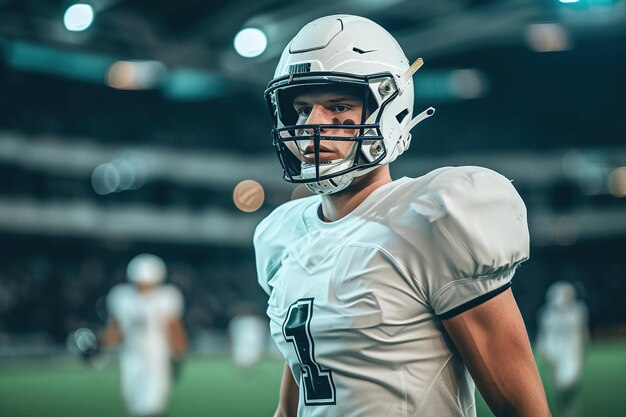 American-Football-Spieler mit Helm auf dem Spielfeld