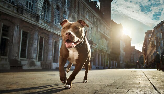 American Staffordshire Terrier Hund läuft bei Sonnenuntergang durch die Stadt