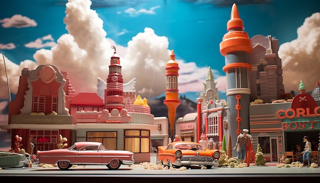 Americana-Diorama aus den 1950er Jahren, Nahaufnahme, detaillierter Retrofuturismus