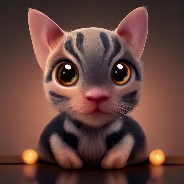 Americano de pelo corto. Adorable cachorro de gato. Ilustración 3D de un gatito con grandes ojos brillantes.